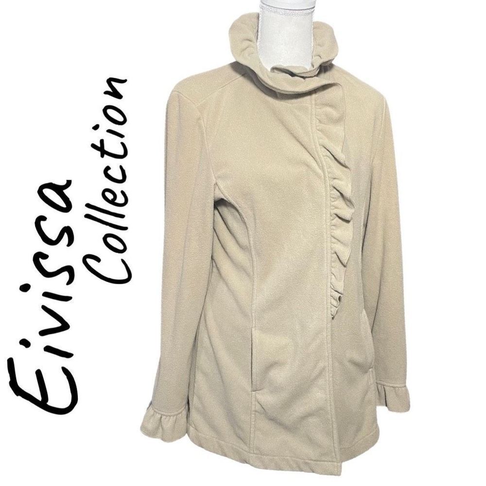 EIVISSA COLLECTION Tan, Super soft Fleece Jacket, Ruffled Collar & Cuff, Size M